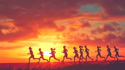 Obraz premium group of runners sprinting down track during stunning sunset, showcasing determination and energy against vibrant sky