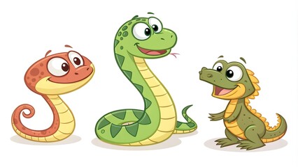 Cartoon Snake and Lizard Icons, Animal Illustrations
