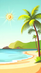 Sunny beach scene with palm trees and clear water.