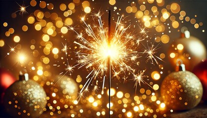 Fototapeta premium A festive close-up of a lit sparkler emitting bright, golden sparks, creating a radiant and intensified glow against a softly blurred background