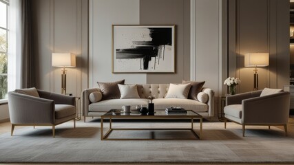Luxurious living room interior with a sofa as a house background, and a painting as the background