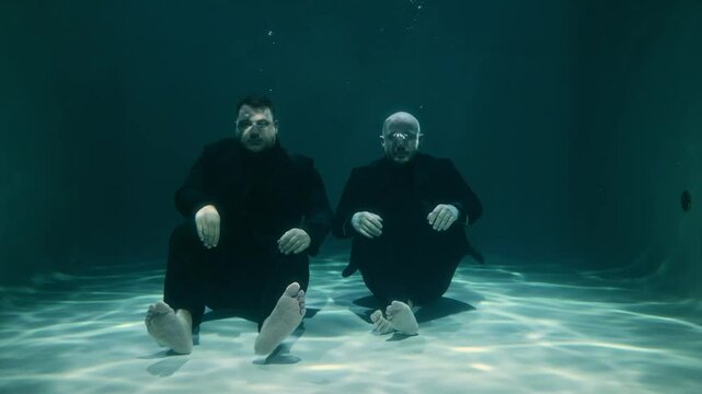 Two men in classic black suits are sitting underwater in the pool and looking at the camera. The concept is without emotions, they listen attentively, there is a lot of unnecessary information. 4k