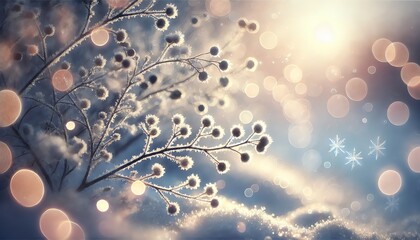 A soft, dreamy winter scene with a blurred background featuring frosty branches covered in snow and ice