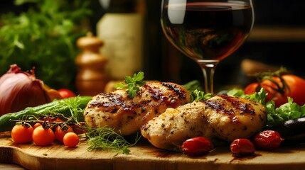 Delicious gourmet meal featuring grilled chicken, fresh vegetables, and red wine. vibrant colors and textures create inviting dining experience