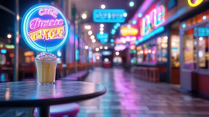 A close-up view of a milkshake garnished with sprinkles in a vibrant, neon-lit diner, offering a nostalgic atmosphere reminiscent of classic American establishments.