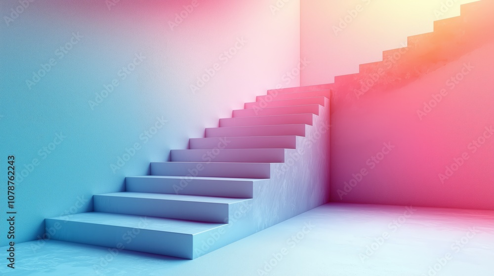 Poster modern abstract staircase design with gradient lighting effect in blue and pink tones, showcasing mi
