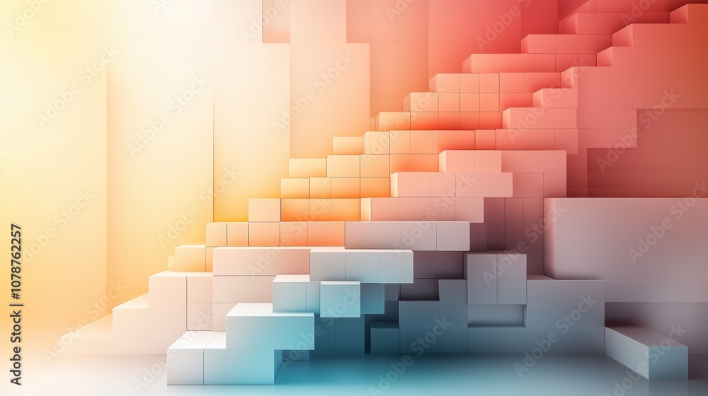 Poster Abstract geometric staircase composed of blocks with a vibrant gradient background, symbolizing progression, creativity, and modern architectural design concepts in a digital art style.