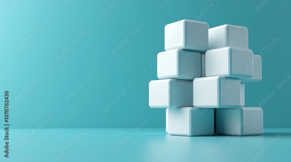 Poster aesthetic composition of white cubes stacked on a vibrant turquoise background with soft lighting cr