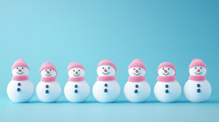 A charming row of seven snowmen, each with a pink hat, smiles happily against a soft blue background, representing a cheerful and playful winter decoration.