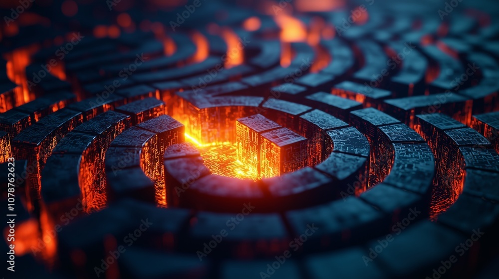 Poster abstract representation of glowing lava flowing through dark labyrinthine patterns, illustrating the