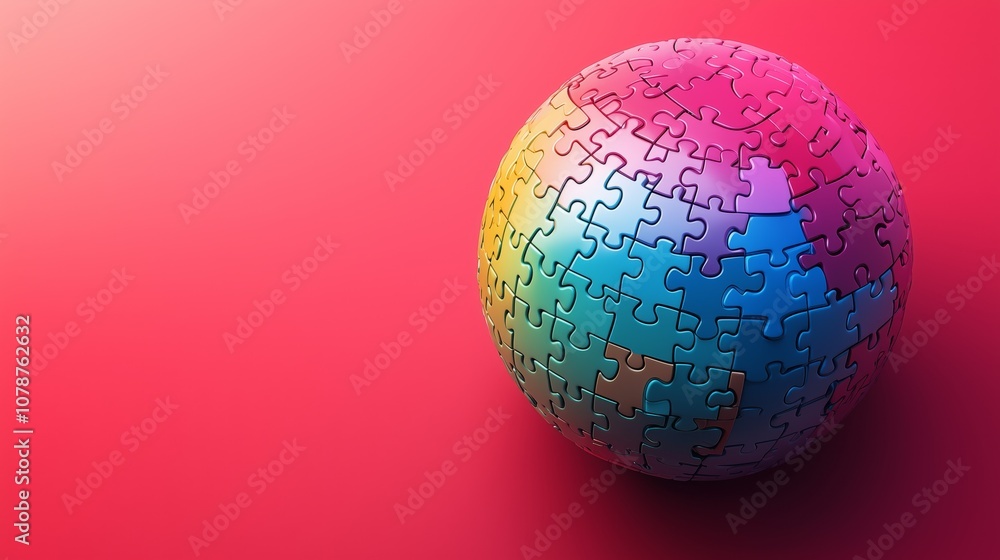 Poster colorful 3d puzzle sphere on vibrant red background, symbolizing complexity, creativity, and problem