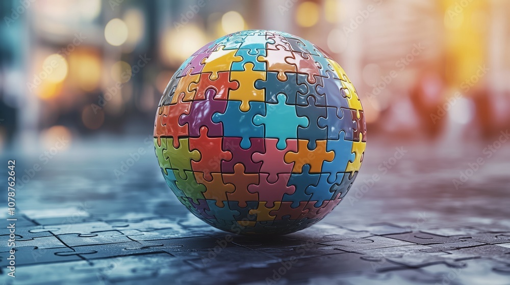 Poster colorful puzzle ball on street, symbolizing unity and diversity with modern urban background and war