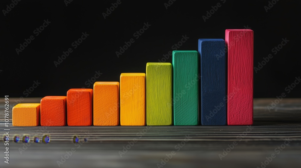 Poster colorful wooden blocks arranged in a gradual stack on a dark wooden surface, representing growth and