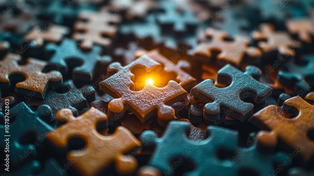 Poster close-up view of colorful jigsaw puzzle pieces with one missing piece illuminated by a soft glow, re
