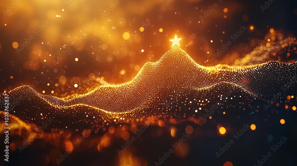 Poster shimmering mountain landscape with starry peak illuminated by warm light and sparkling particles in 