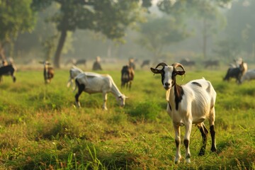 Goats Grazing Calmly in a Serene Green Field