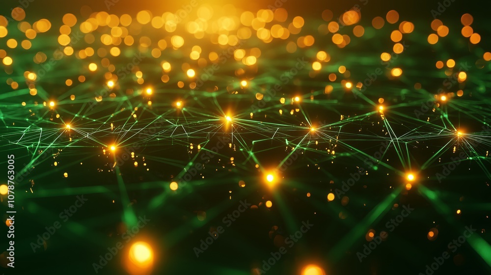Poster abstract digital background with glowing green lights and sparkling particles representing technolog