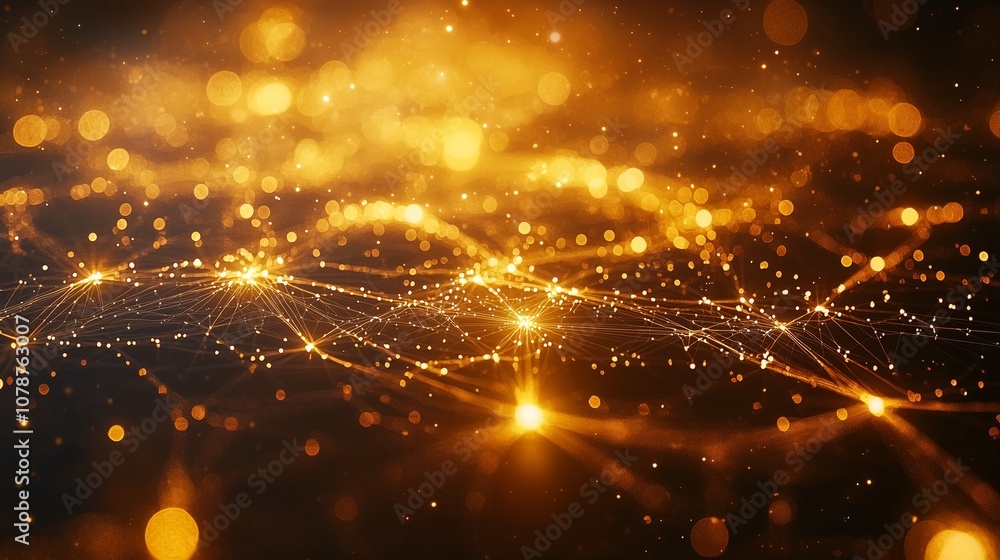 Poster Abstract golden particles background with shimmering lights and glowing lines, creating a sense of depth and motion in a digital or futuristic environment.