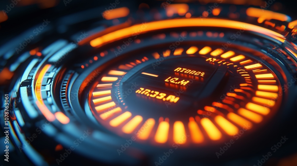 Poster futuristic interface with glowing orange and blue elements showcasing high-tech digital components, 