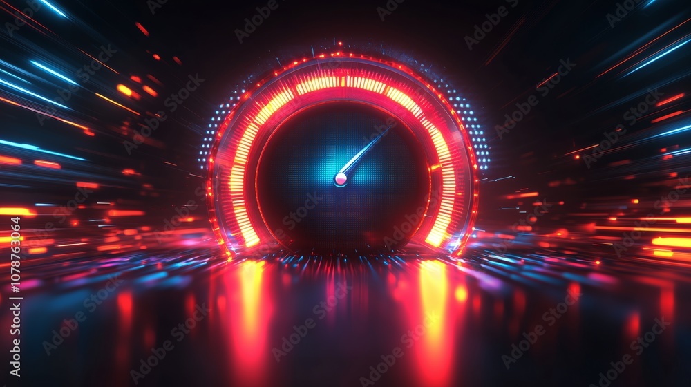 Poster futuristic speedometer design featuring illuminated meter and vibrant light trails representing velo