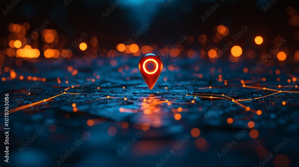 Poster vibrant navigation point on futuristic digital map with bright bokeh lights creating a stunning city