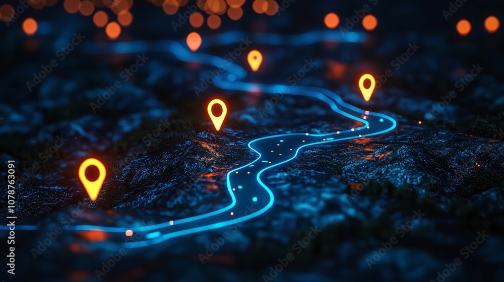 Poster futuristic map concept with glowing path and location markers representing navigation in a dark land