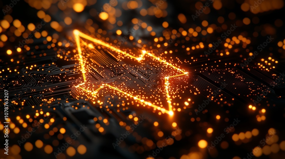 Poster futuristic abstract digital background with glowing orange particles and star shape on circuit board