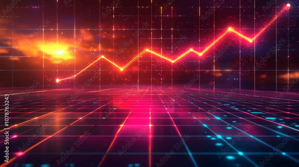 Poster futuristic data visualization with rising graph and colorful light effects representing financial gr