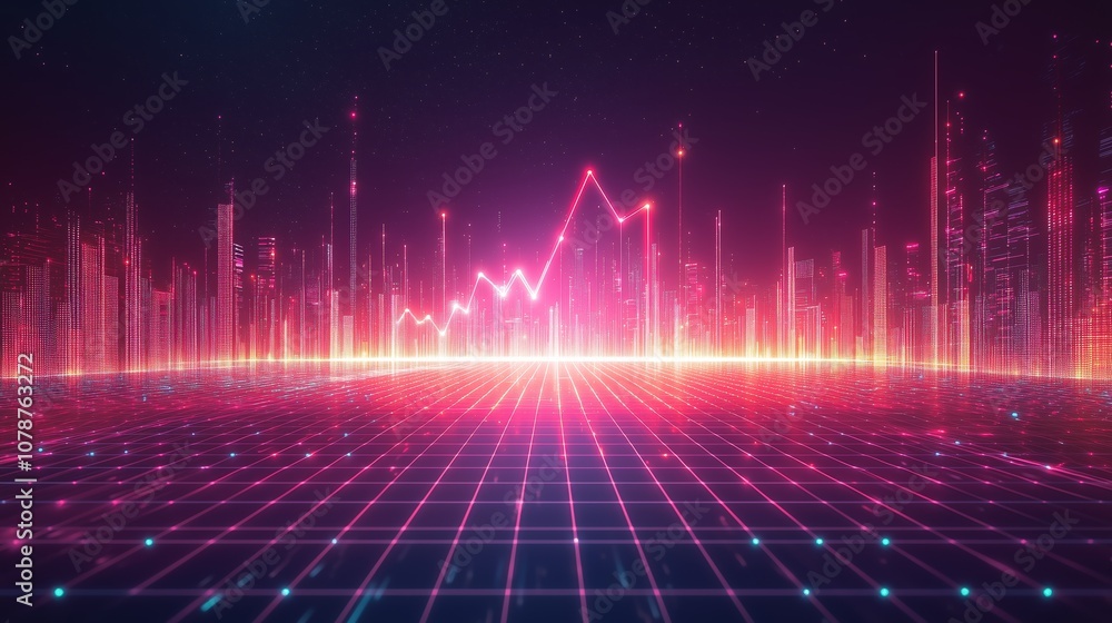 Poster futuristic digital cityscape with neon lights and abstract data visualization representing growth an