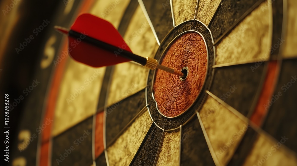 Poster close-up of a dartboard with a dart hitting the bullseye, capturing the precision and focus of a gam