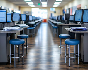 A long row of empty computer workstations with blue stools in a modern, well-lit computer lab.