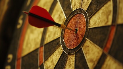 Close-Up of a Dartboard with a Dart Hitting the Bullseye, Capturing the Precision and Focus of a Game in a Dimly Lit Environment