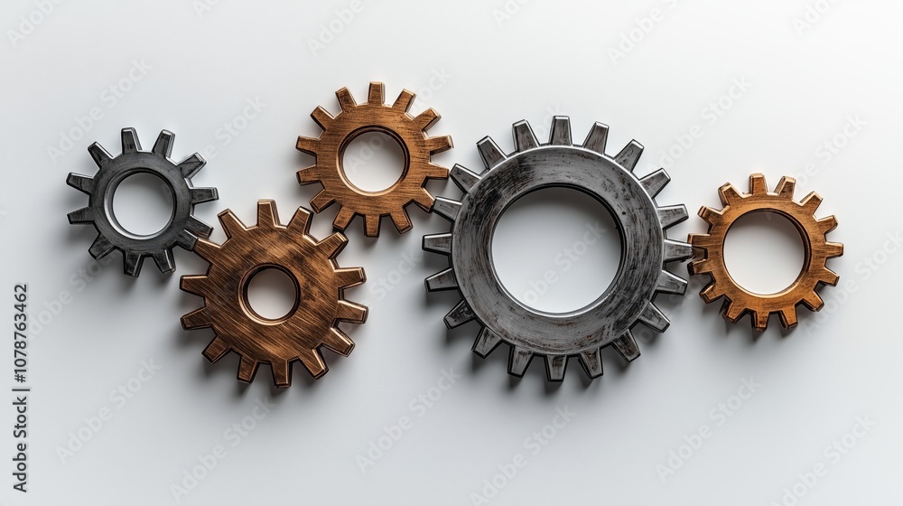 Poster collection of metal gears in different sizes and colors arranged on a light background representing 