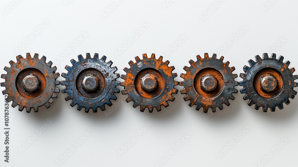 Poster collection of rusty metal gears in a row on a clean white background displaying industrial machinery