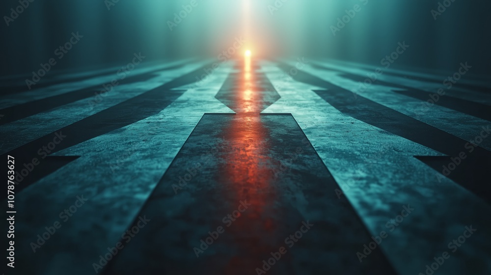 Poster Abstract perspective view of a mysterious glowing pathway illuminated by soft light, creating an atmosphere of depth and intrigue in a digital landscape