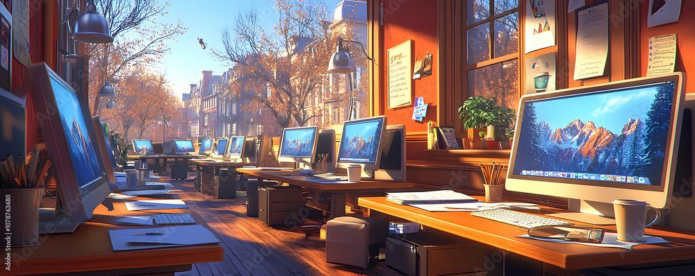Poster a row of computers in a sunlit room with a view of a street.