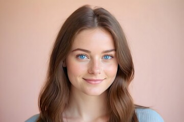 Fototapeta premium Portrait of a young beautiful woman with brown hair, blue eyes no makeup, soft smile on isolated background, studio shot