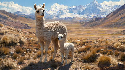 Fototapeta premium Llama day. A baby llama with it's mother. Suitable for marketing or business purposes. Panoramic banner with place for text 