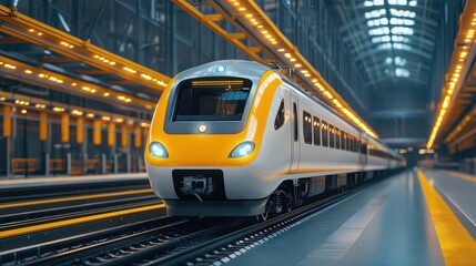 Naklejka premium A highspeed train elevated in a futuristic hangar, with robotic systems performing precision repairs on its components