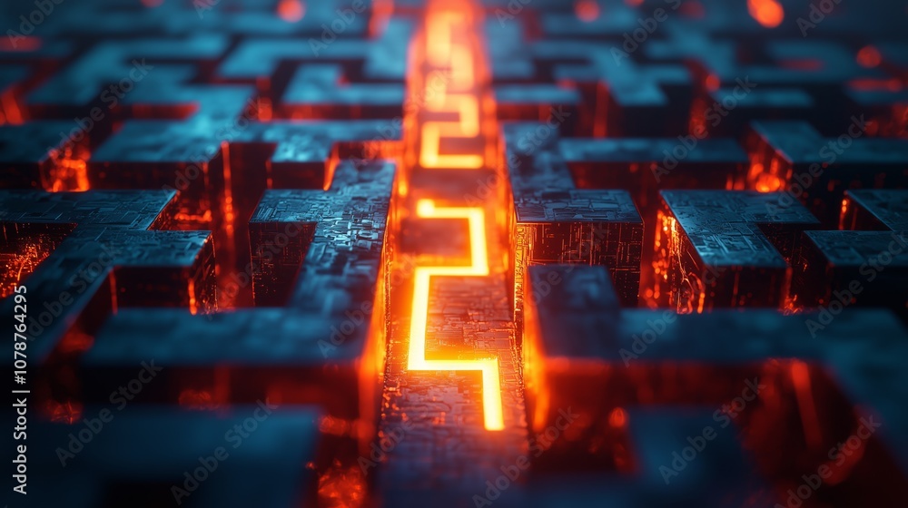 Poster abstract maze structure with glowing orange pathway illuminating intricate metal design in dark back