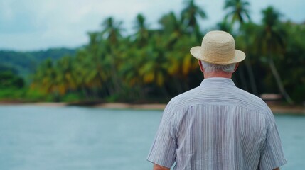 A older man wearing a straw hat stands on the beach looking out at the water. The scene is peaceful and serene, with the man enjoying the view of the ocean