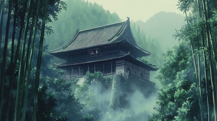 Fototapeta premium Ancient temple surrounded by misty mountains and bamboo forests in an anime scene