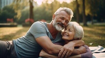 Vibrant Senior Couple Embracing a Fit Lifestyle through Yoga in the Park