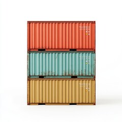 Fototapeta premium Stacked shipping containers in vibrant colors, showcasing industrial design and texture, ideal for transport and storage imagery.
