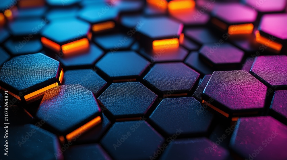 Poster vibrant hexagonal patterns with glowing edges in a dark environment, capturing the essence of modern