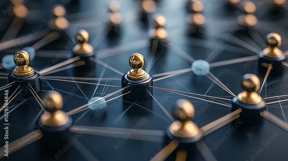 Poster conceptual digital network with golden game pieces connected by lines, representing collaboration, s