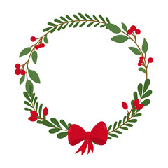 Christmas wreath with winter elements. Winter frame with evergreens and berries. Holiday symbol. Vector illustration, flat style.