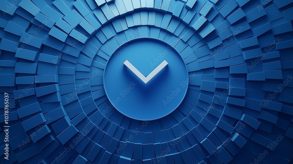 Poster abstract geometric design in deep blue tones featuring a circular shape with a downward arrow symbol
