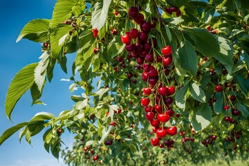 Bunches of red cherries hanging from a branch in a lush green orchard under a clear blue sky, Ai Generated