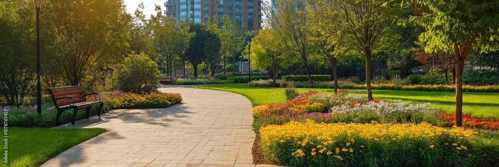 Poster a park with a path and a bench. the path is lined with flowers